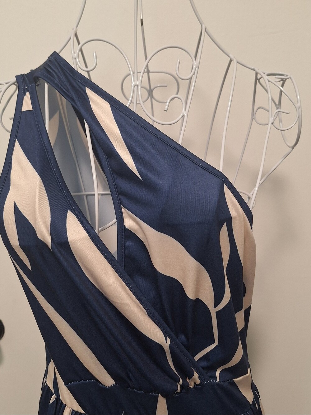 Shein One Shoulder Oblique Neck Floral Print Slit Helm Long Dress Navy &Cream L - Picture 1 of 11